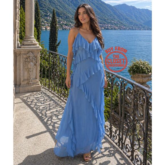 Zara Dresses & Skirts - Zara Blue Ruffle Tiered Maxi Dress Strappy V-Neck Flowy Wedding Guest Size M L